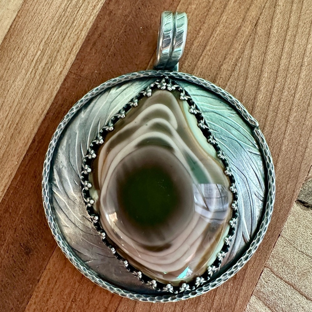 Paul Rossman Pendant 2‎ Inch Pink Green Imperial Jasper 925 Sterling 19.7g USA